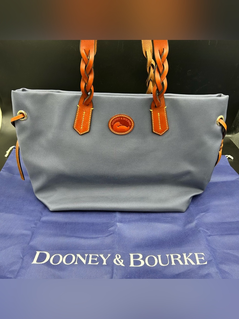 Dooney & Bourke Blue Nylon Tote Bag Braided Leather Straps Red Lining Large